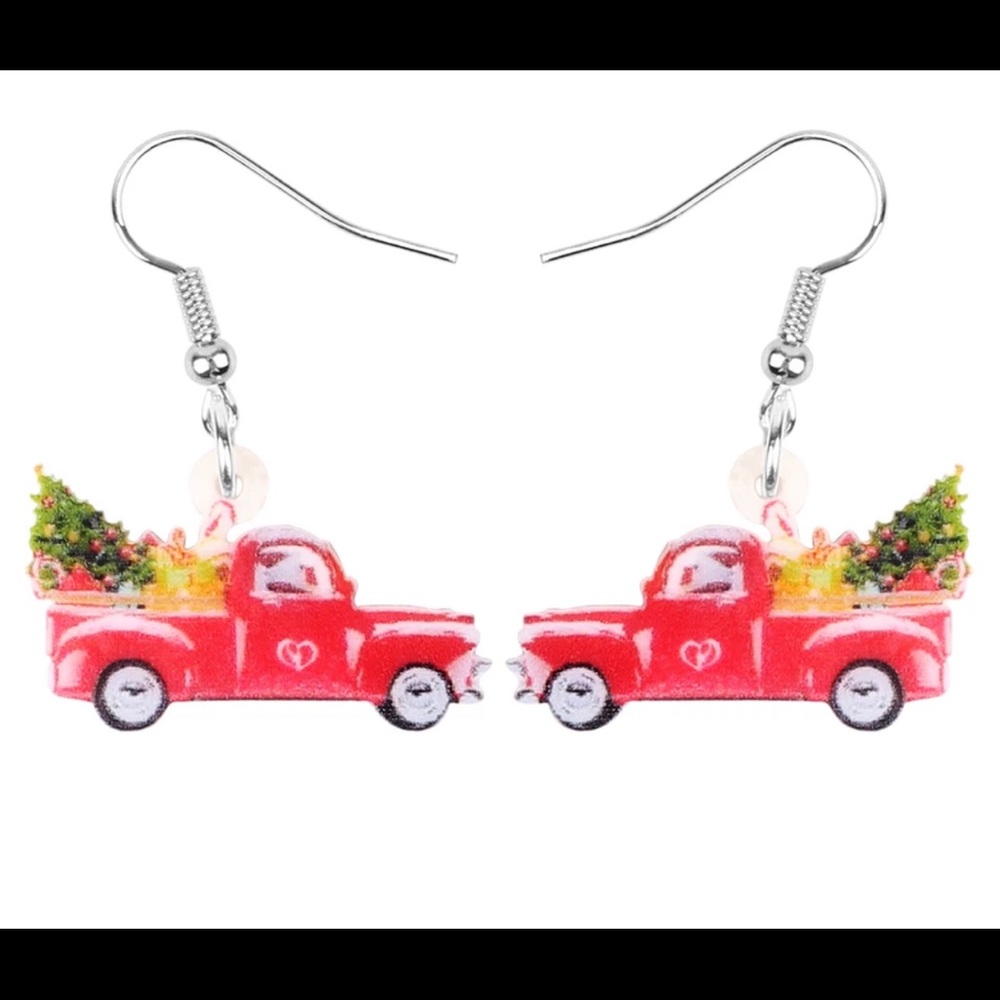 Vintage retro red truck Christmas tree earrings